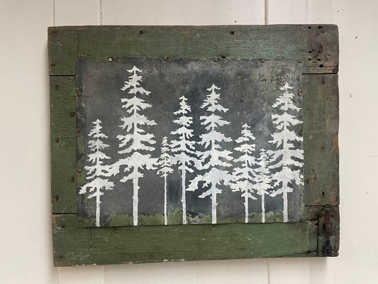 Tree painting on antique ice box door